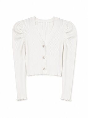 Endless Rose Puff Sleeve Rib Knit Button Front Crop Cardigan S Ivory